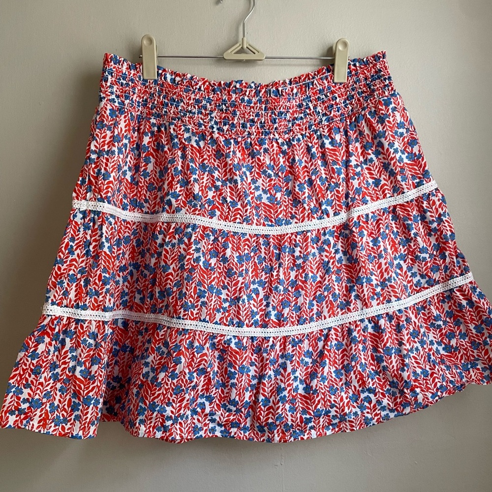 J. Crew Floral Red White and Blue Mini Ruffle Women's Skirt Large